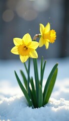 Obraz premium Yellow daffodils peek out from under the snow, , daffodils hidden, hidden blooms