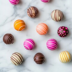 Fototapeta premium Assorted Gourmet Chocolate Truffles on Elegant Marble Background for Dessert