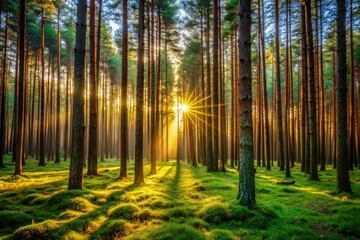 Obraz premium Mystical autumnal landscapes: Kiefer Wald's nature photography showcases sun-drenched German forests of dark conifers.