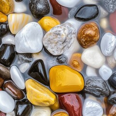 Assorted Wet Pebbles Collection with Smooth Textures and Natural Lighting