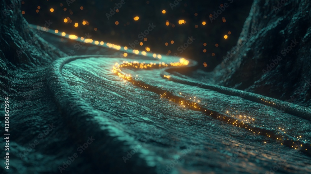 Poster a captivating scene of twisting data threads and glowing particles in a dark environment
