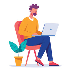 a boy is using his laptop vector