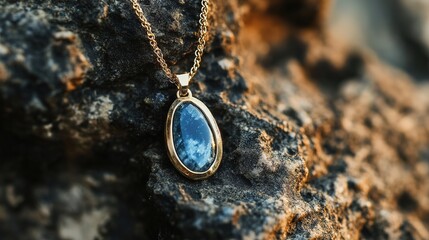 Graceful Gemstone Pendant Displayed on Natural Rocky Surface. Exquisite Jewelry and Nature Harmony.