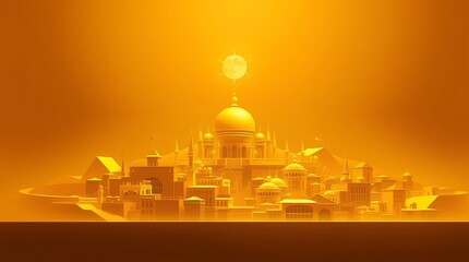 Obraz premium Golden Cityscape Illustration with Domed Buildings and Radiant Light
