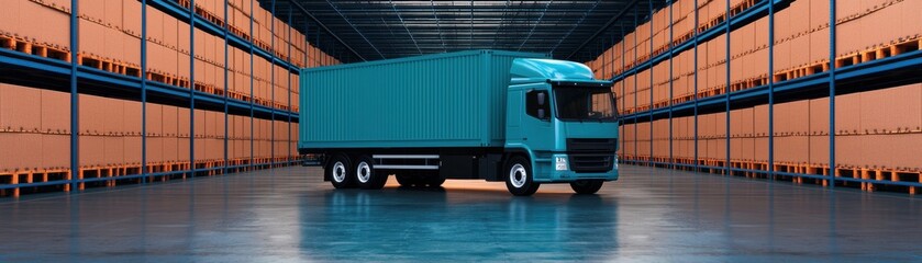 Modern turquoise truck in spacious warehouse with shelves and containers, industrial logistics and transportation concept