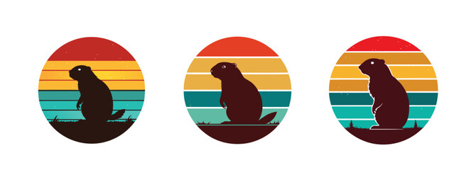 Groundhog silhouette against distressed retro sunset stripes, minimalist and vintage-inspired design.