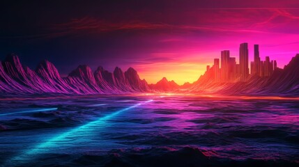 Obraz premium An abstract digital landscape features colorful light beams rising from a reflective surface