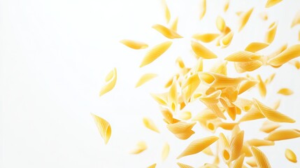 Fresh Italian Penne Pasta Dancing and Falling in Motion, Multiple Raw Uncooked Rigatoni Noodles Scattered and Suspended Against Pure White Background