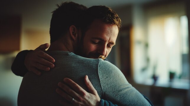 Candid capture of two friends embracing in a kitchen. A moment of joy and accomplishment.
