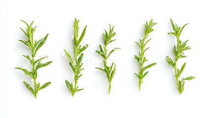Obraz premium Fresh Organic Rosemary Herb Sprigs with Water Droplets Isolated on Pure White Background for Culinary and Aromatic Essential Oil Applications