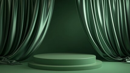 Green podium display with satin wave curtain on green background. Empty pedestal for natural...