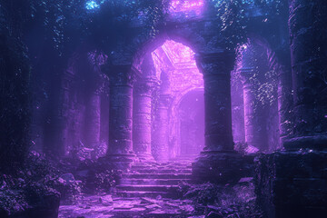 Ancient ruins illuminated by neon vines create mystical atmosphere