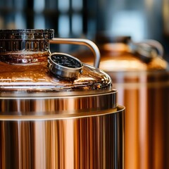 Close Up of Shiny Copper Brewery Equipment Tanks and Stainless Steel in Distillery
