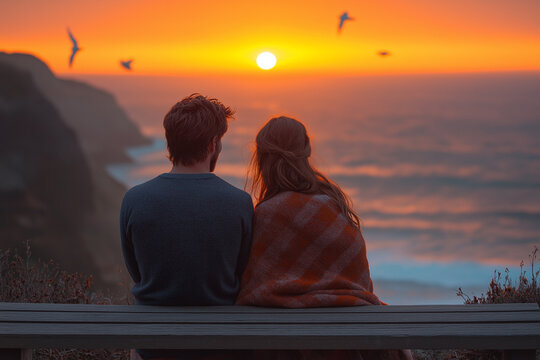 Couple sitting on a bench by the ocean, watching the sunset together, wrapped in a blanket, enjoying the peaceful sea view.