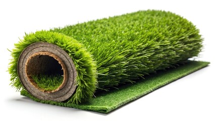 Realistic artificial grass, synthetic lawn, rolled green.  High-resolution 3D render, isolated on white background. Stock photo.