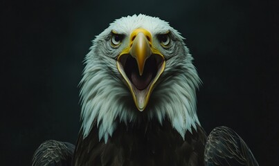 Obraz premium Majestic bald eagle portrait with open beak against a dark background, showcasing the fierce beauty and strength of this iconic bird of prey