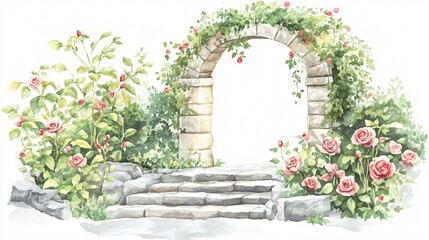 Watercolor Archway with Steps and Roses Image