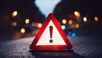 Red caution warning sign with exclamation mark. Traffic sign. Dark blurred street on background.