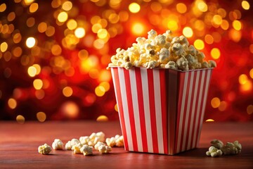 Red backdrop, bokeh lights enhance the cinematic feel of this delectable popcorn, perfect for movie night.