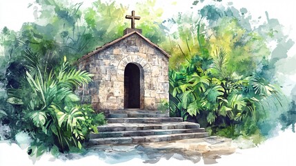 Watercolor Landscape of Stone Chapel with Cross