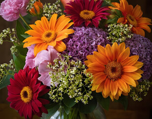 Beautiful flowers, vivid, colorful mixed flower bouquet still life detail, bunch of red and orange flowers.