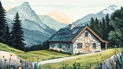 Charming Watercolor Painting of a Quaint Stone Cottage