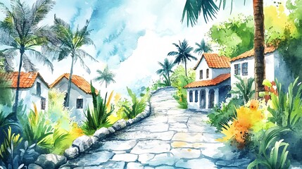Tropical Stone Pathway Watercolor Landscape Painting Artwork