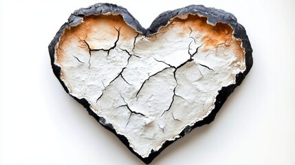 Cracked Heart Sculpture with Black and White Texture on a White Background