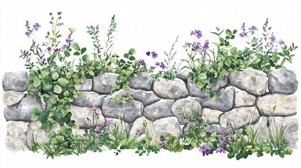 Stone Wall with Climbing Ivy Watercolor Painting
