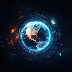 Obraz premium Stunning 3D Rendering of Earth Surrounded by Digital Technology Elements
