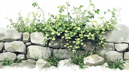 Stone Wall with Overgrown Green Vines Watercolor Painting
