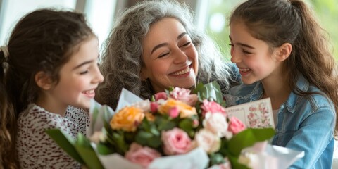 Mother, daughter and granddaughter sharing a special moment with flowers