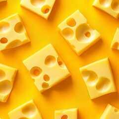 Cubed Swiss Cheese Pieces Dotted with Holes Against a Vibrant Yellow Food Background