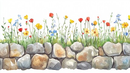 Watercolor Stone Wall with Wildflowers