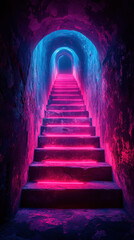 dreamlike staircase illuminated by luminous neon lights creates ethereal atmosphere
