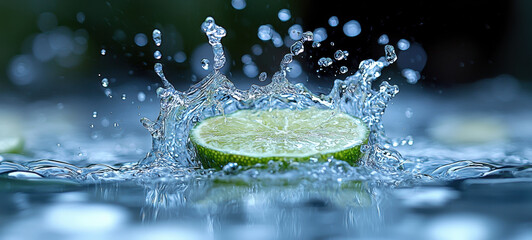 Dynamic splash of sparkling water with lime slice creating refreshing droplets