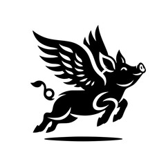 A black silhouette of a flying pig with wings is depicted in a playful and imaginative manner, emphasizing freedom and fun in a simple artistic style.
