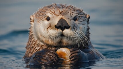 A mesmerizing close-up of a sea otter floating on its back, holding a clam, with a serene coastline in the background.
