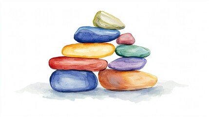 Watercolor Painting of Vibrant Stacked Stones on White