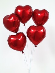 A collection of red heart balloons floating against a simple background.