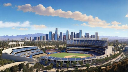 Los Angeles Skyline and Dodger Stadium Letters: June 2022 Panoramic View.