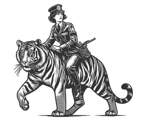 fierce female police officer in uniform riding a massive, roaring tiger, blending fantasy and authority sketch engraving generative ai vector illustration. Scratch board. Black and white image.