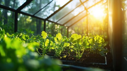 Sunlight Illuminating Fresh Green Plants Growing Inside a Serene Greenhouse at Sunrise