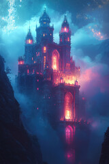 surreal, glowing castle surrounded by mist and stars, evoking dreamlike atmosphere