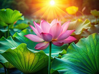 Serene morning: sunlight kisses a tranquil lotus, green leaves reflecting peace.