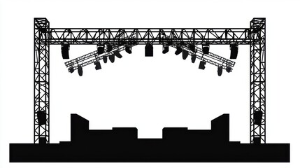 Detailed Stage Lighting Truss Structure with Multiple Spotlights and Dark Base Silhouette