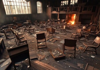 Devastated Classroom Interior View after a Fire Disaster with Charred Furniture