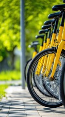 Row of Yellow Bicycles Parked at a Bike Station in a Lush Green Urban Park