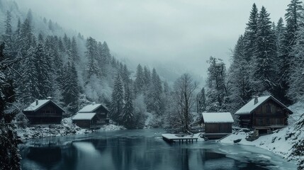 Obraz premium Serene Winter Landscape with Snowy Cabins by Tranquil Lake