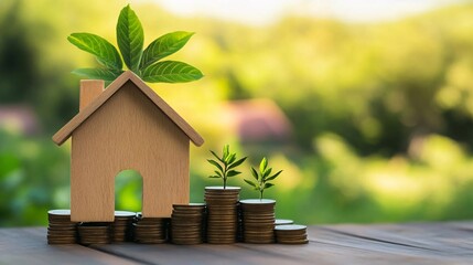 eco-friendly business growth concept with a small house, stacked coins, and a green plant symbolizing sustainability, family success, and financial wellbeing